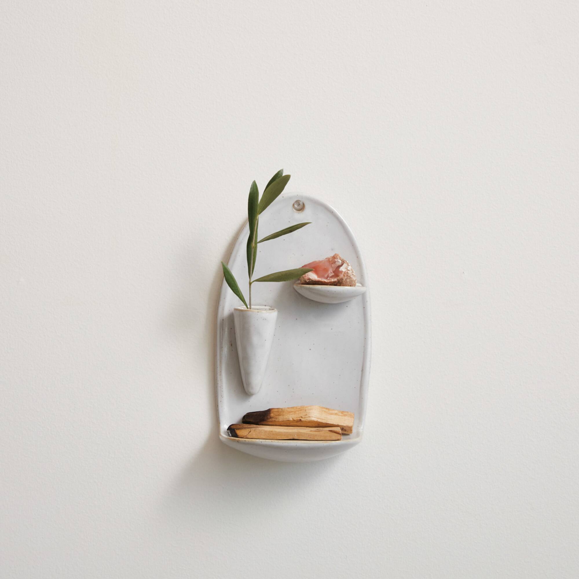 Hello Honey® 9" White Stoneware Wall Vase with 2 Shelves & Reactive Glaze